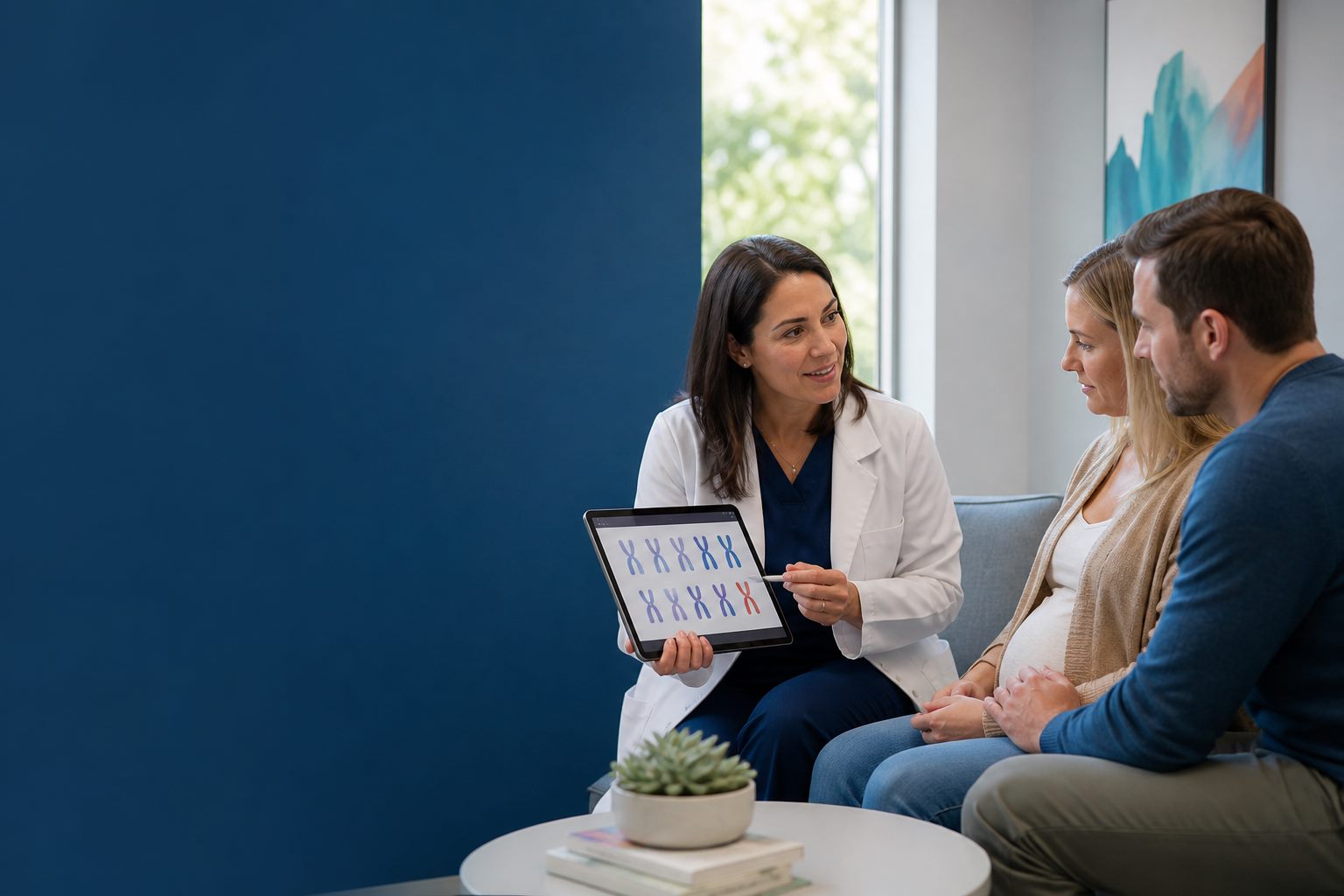 Profesional explicando cromosomas durante una asesoría genética prenatal